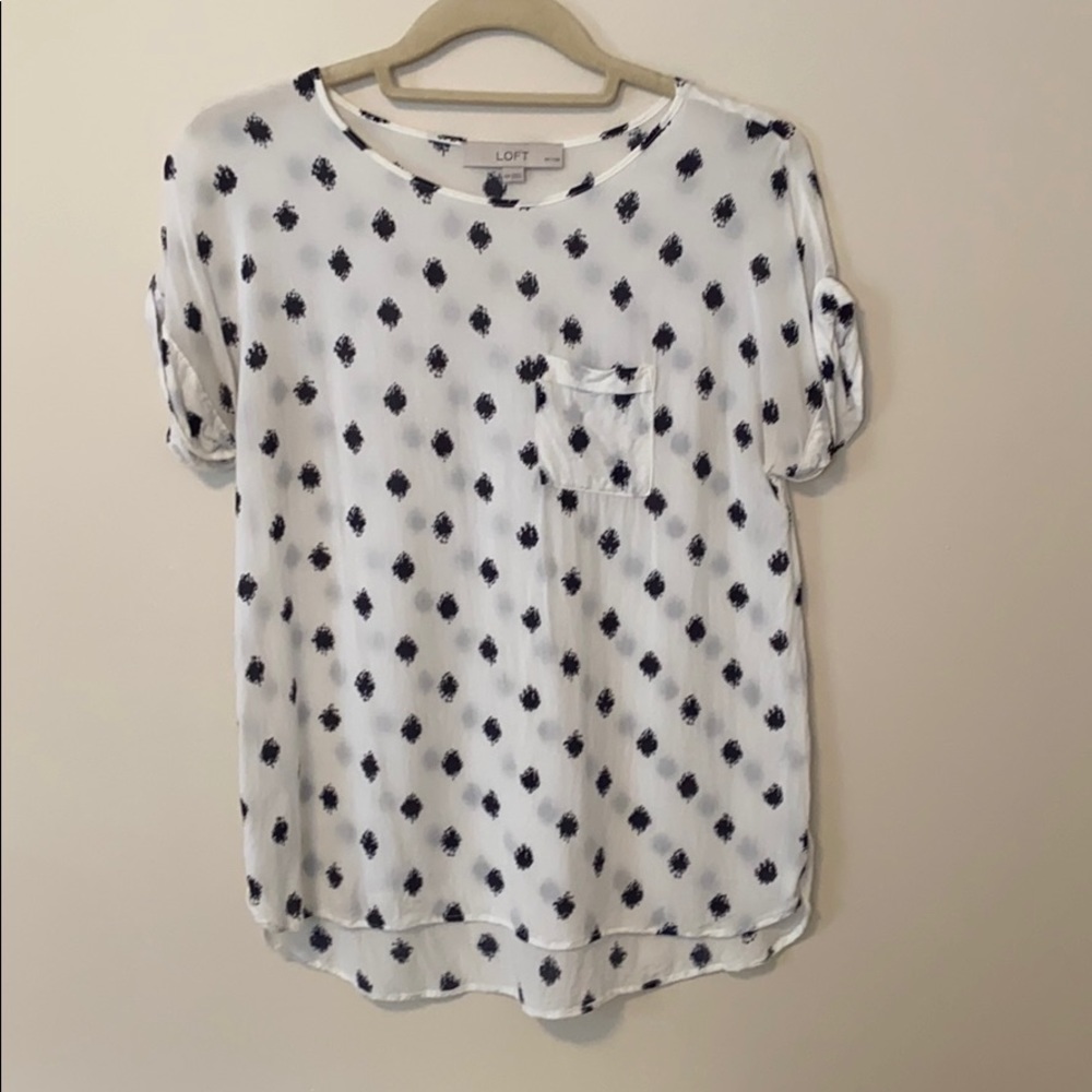 Loose fitting silky white polkadot loft tee